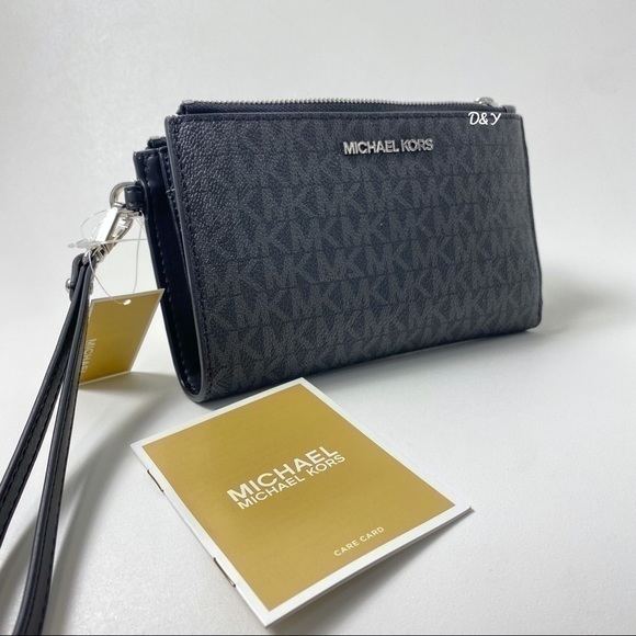 Michael Kors Wallet Jet Set Travel Large Double Zip Wristlet Phone Purse Black - Picture 1 of 8